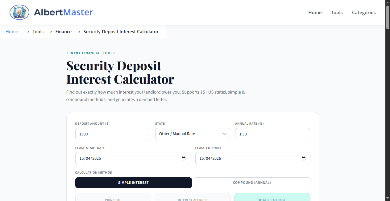 Security Deposit Interest Calculator
