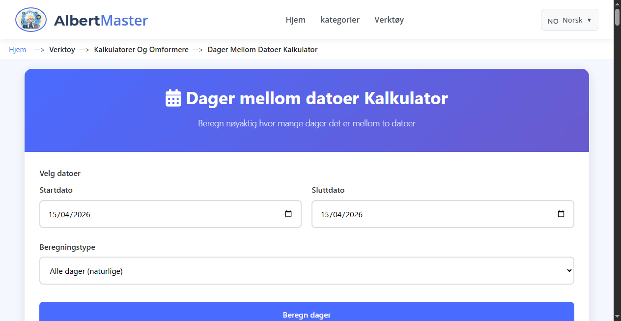Dager mellom Datoer Kalkulator