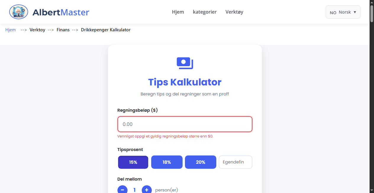 Drikkepenger Kalkulator