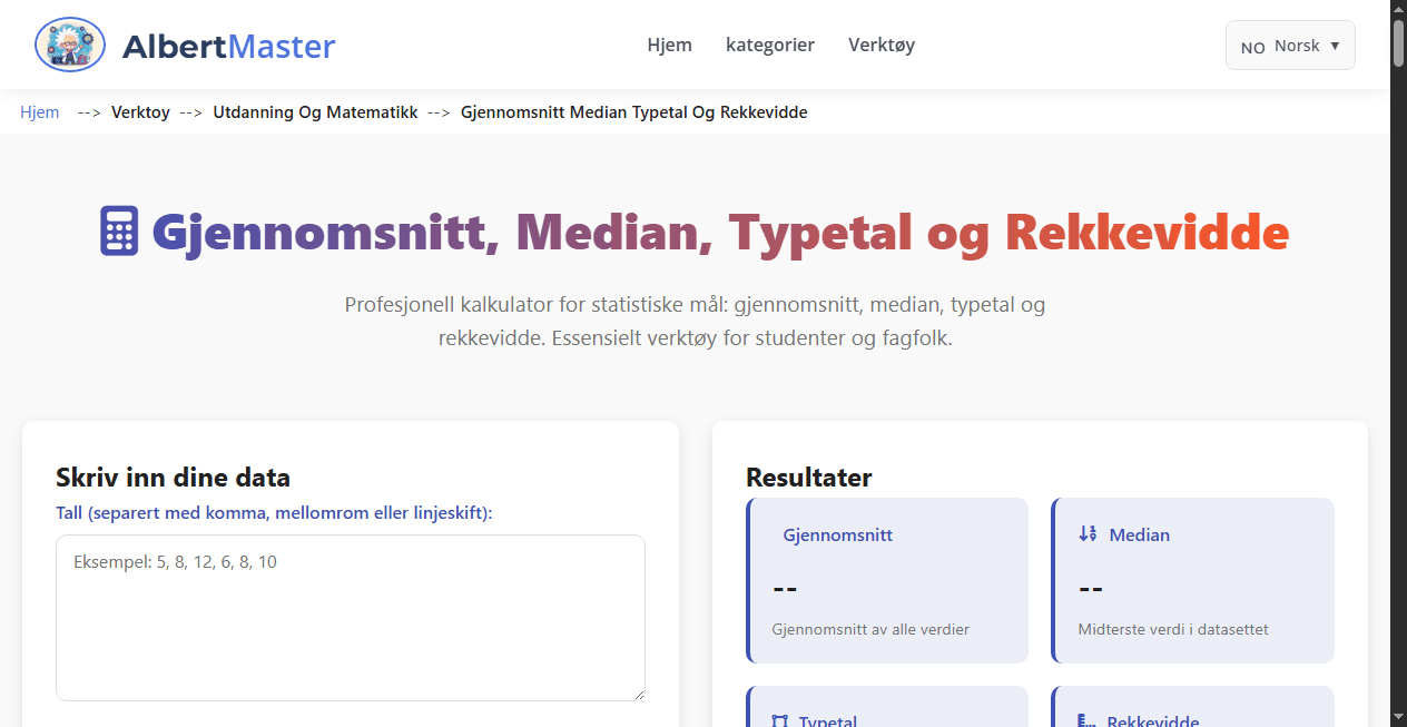 Gjennomsnitt, Median, Måltall og Rekkevidde Kalkulator