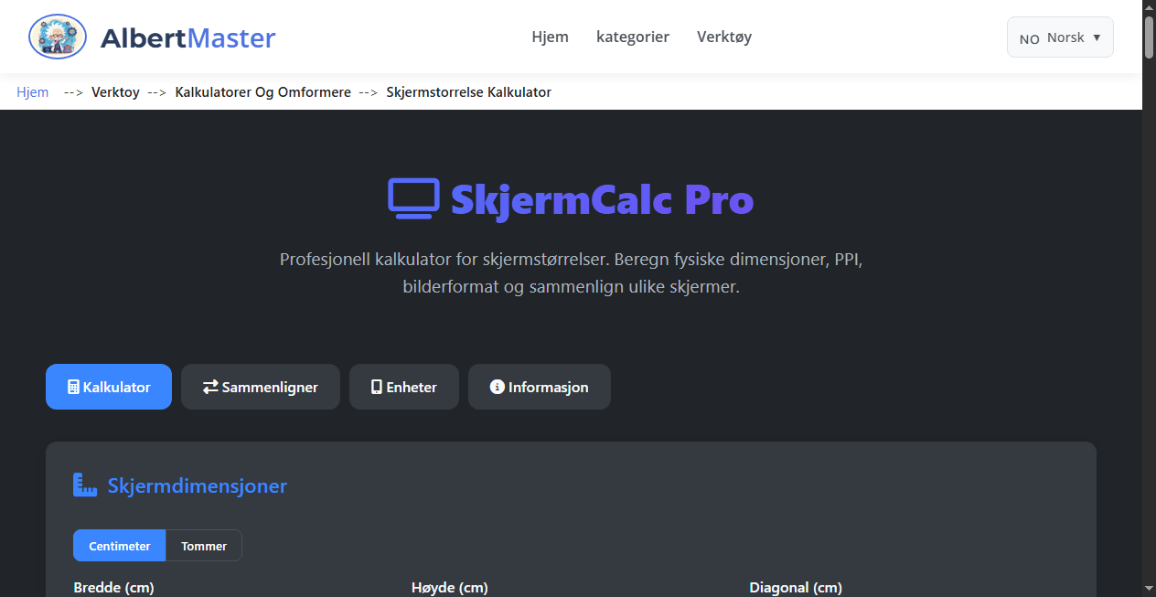 Profesjonell Skjermstørrelseskalkulator