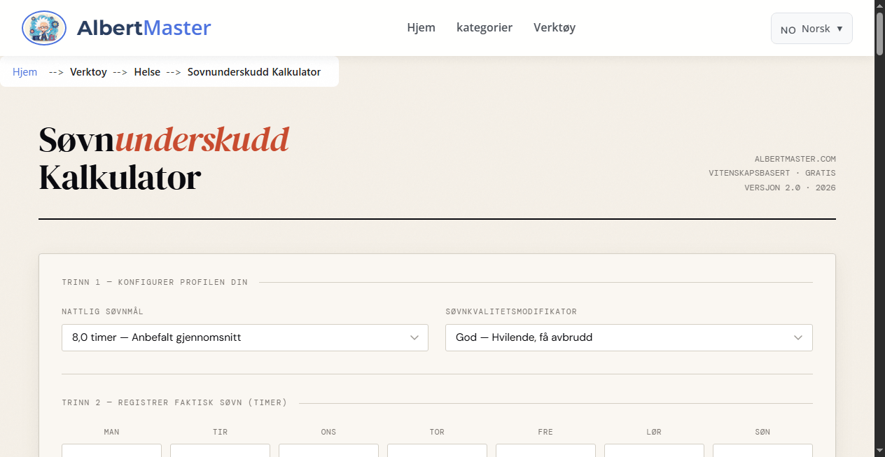 Søvnunderskuddskalkulator & Gjenopprettingsplan