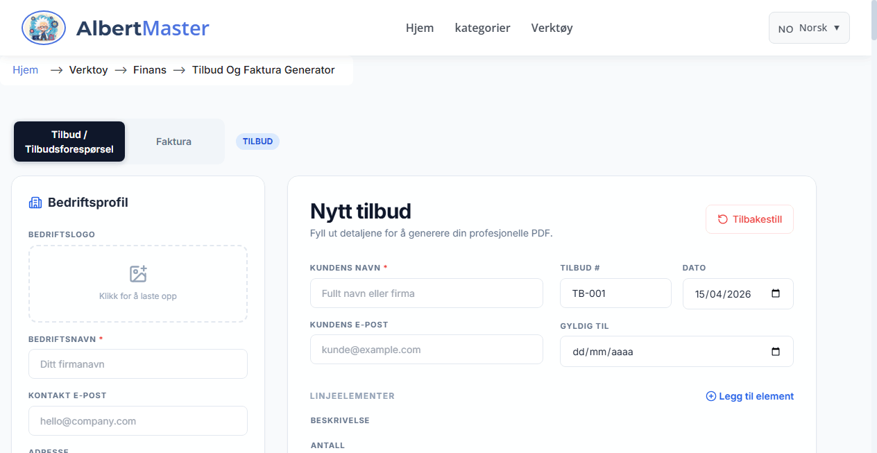 Profesjonell tilbuds- og faktura generator