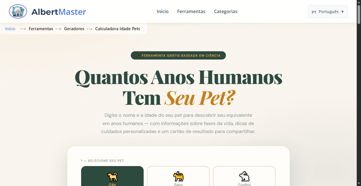 Calculadora de Idade de Pets — Converta a Idade do Seu Pet para Anos Humanos
