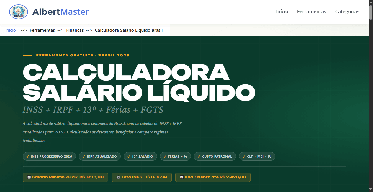 Calculadora de Salário Líquido Brasil 2026