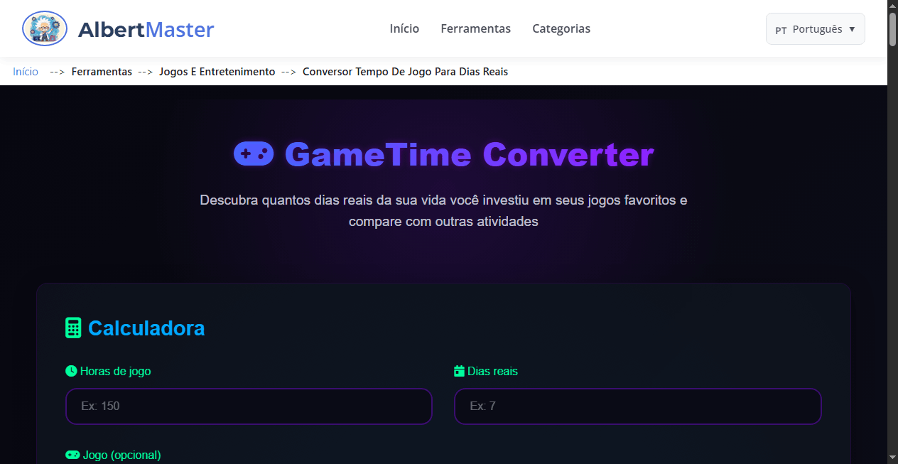 GameTime Converter | Descubra quantos dias reais você jogou