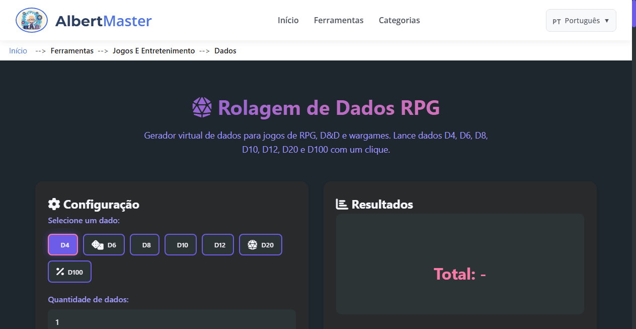 Rolagem de Dados RPG | Lance dados D4, D6, D8, D10, D12, D20 e D100