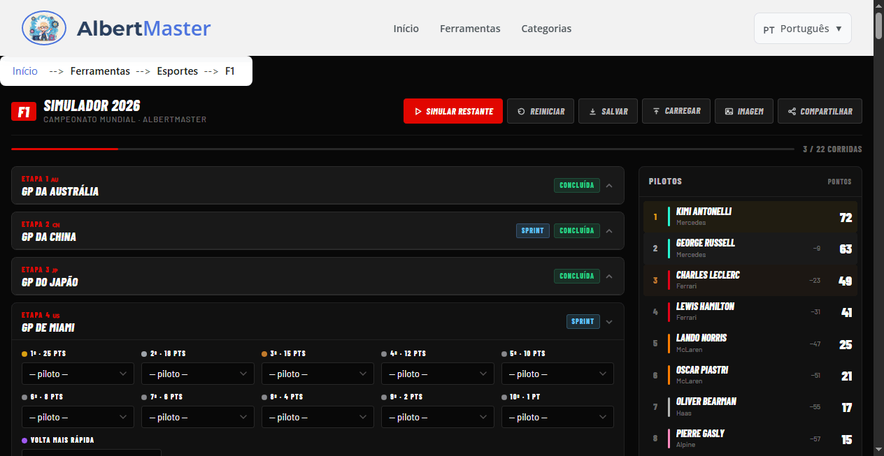 Simulador F1 2026 — Preveja o Campeonato Mundial 