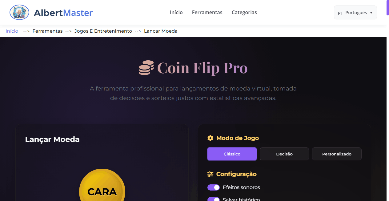 Coin Flip Pro | Lançador de Moeda Virtual para Sorteios