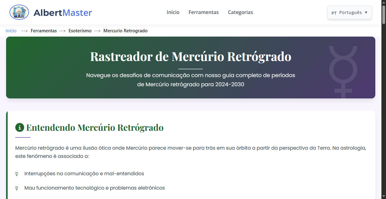 Mercúrio Retrógrado - Estado Atual | Rastreador de Astrologia e Guia de Efeitos